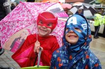 Superheroes unite! Ella Gagnon (left) is Owlette from the TV show PJ Masks while Ruben Richmond is Captain America