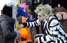Beetlejuice hands out some toes, eyeballs and brains (all candy, of course) to eager trick-or-treaters