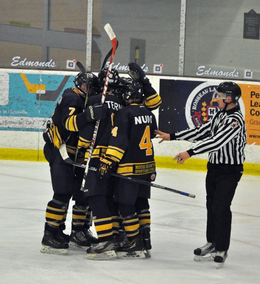 The Jr C Otters celebrate one of six goals against the Penetang Kings on November 10