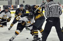 The Jr C Otters fight for the puck against the Alliston Hornets on November 12