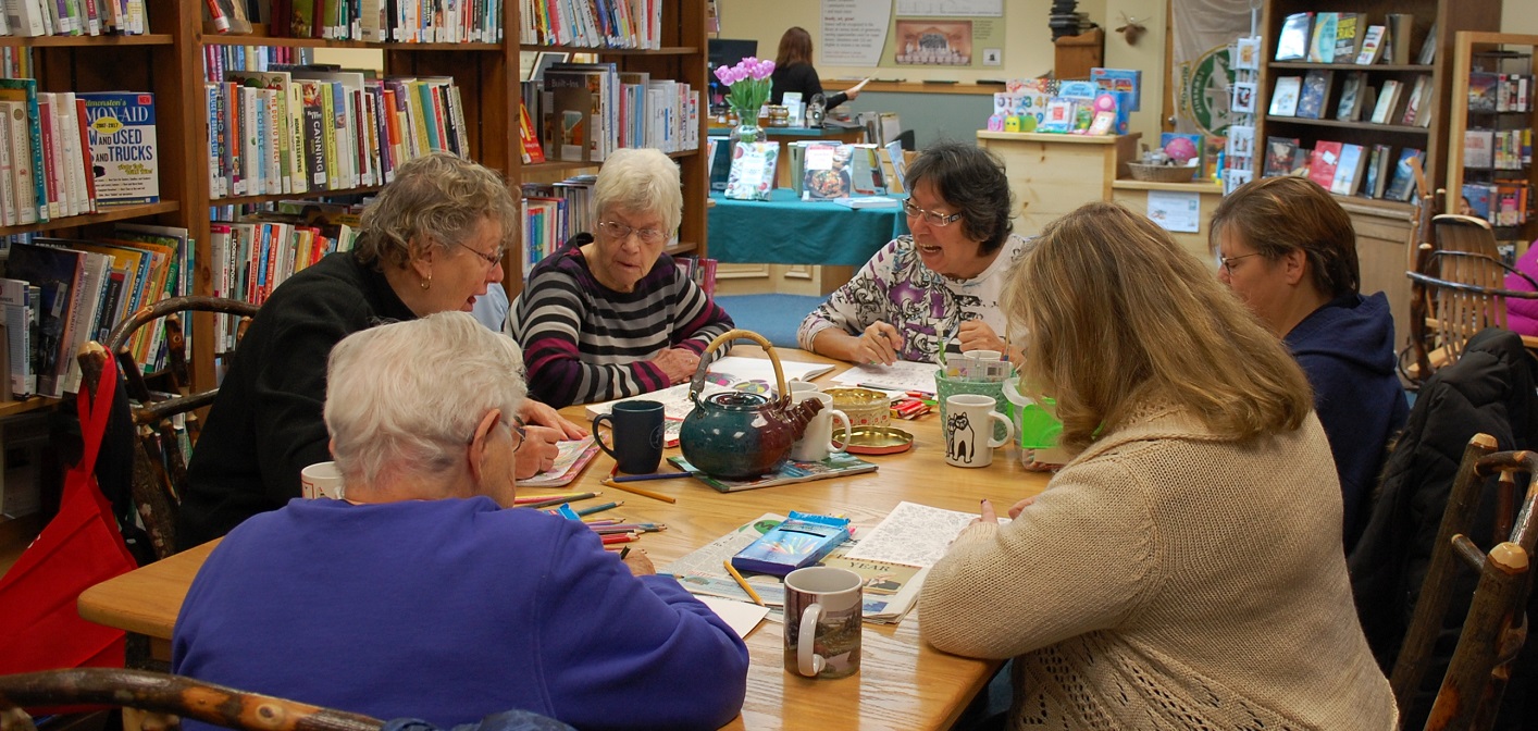 The Shading Ladies at Dwight Public Library (clockwise from foreground left) Ruth Thompson, Catherine Hawkins, Elsie Livingstone, Nellie Sheshewabic, Rose Stannell and Lorraine Blondin