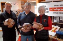 Second place Draw 1 All-Stars with spiral ham prizes (from left) Jamie Thompson holding lead David Crook's prize ham (David left early), skip Mark Maslen, and vice Joan Deimling
