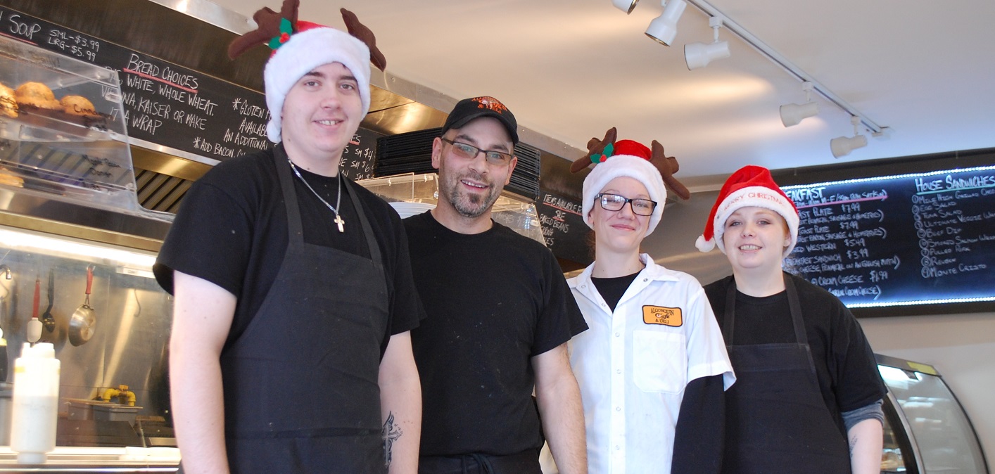 Algonquin Café and Deli staff (from left) Kirk Daamen, Shaun Israelstam (general manager), Aly Ford and Hannah Dempsey are in the Christmas spirit already