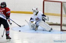 Otters' goalie Braeden Woollings making a save on Collingwood.