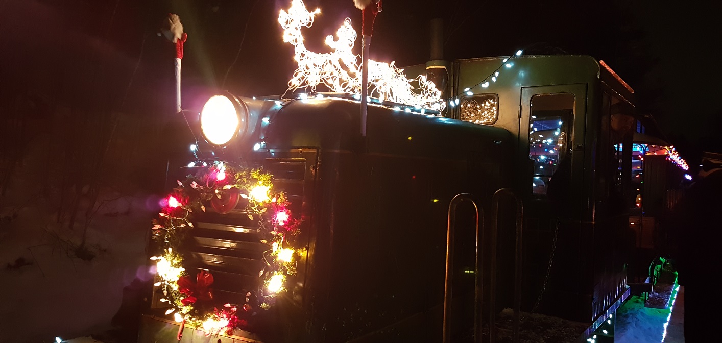 The Portage Flyer is a spectacular sight with its nearly one thousand Christmas lights