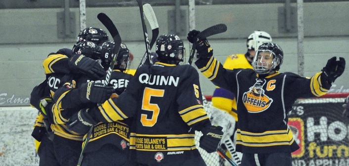 The Otters celebrate as captain Nathan Delarosbil becomes the franchise’s points leader