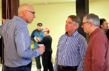 Building owner Ed Wiebe (left) chats with MPP Norm Miller and MP Tony Clement