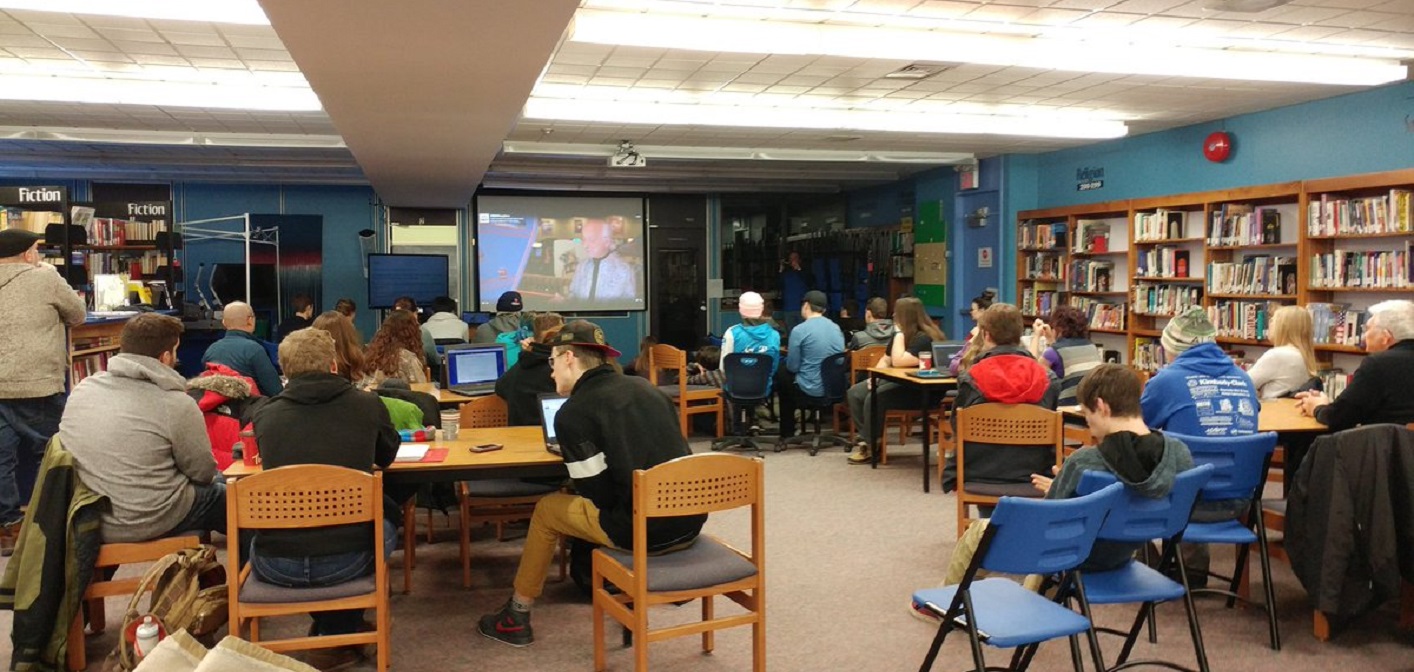 The Hoya Robotics team watches the reveal for the 2018 FIRST Robotics Competition (Photo: Debbie Reynolds)
