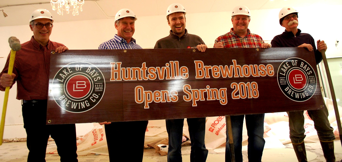 (From left) MP Tony Clement, MPP Norm Miller, Lake of Bays Brewing Company president Darren Smith, Mayor Scott Aitchison and brewmaster Dan Unkerskov at the Huntsville Brewpub ‘groundbreaking’
