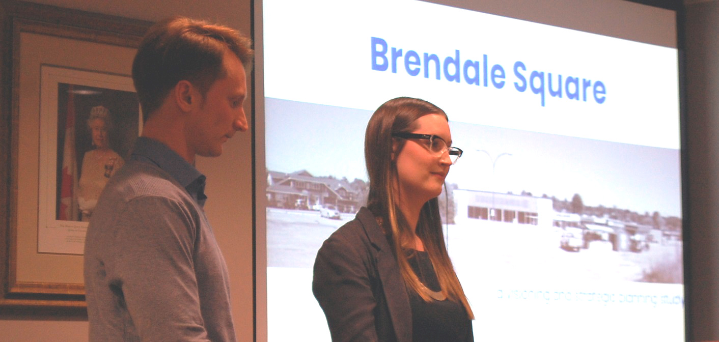 Ryerson Master of Planning students Sean Guenther (left) and Anna Flood present a report to Huntsville's Planning Committee