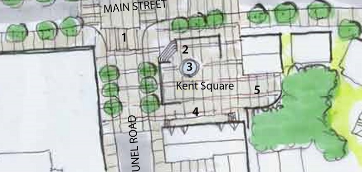 A concept drawing for Kent Park in the 2010 Community Improvement Plan includes a water fountain and outdoor cafe area
