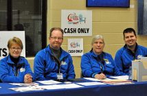 Ontario Tankard ticket booth volunteers (from left) Grace Smith of Huntsville, Darrell Harper of Huntsville, Ann Maslen of Huntsville, and Corey Brown of Huntsville are all Huntsville Curling Club members (Photo: Cheyenne Wood)