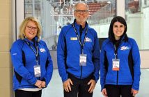 Ontario Tankard volunteers Sandi Moore of Bracebridge (ticket sales), Scott Goodhew of Huntsville (ticket sales), and Michelle Charbonneau of Huntsville (security). (Photo: Cheyenne Wood)