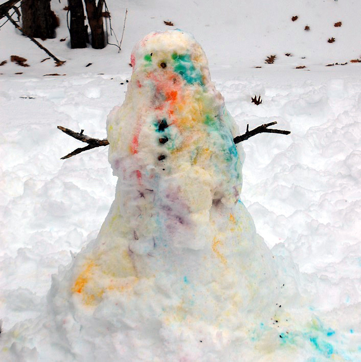 This snow man was the target of some colourful spray