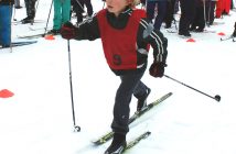 Gabriel Nakamoto of Muskoka Montessori School skis hard to the finish line