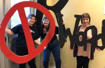 Abigail Witterick, Chantal Musselman and Gwen Jones encourage students to pledge not to use the r-word