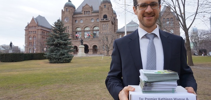 Green Party of Ontario candidate for Parry Sound-Muskoka, Matt Richter, delivers signed postcards to Queen’s Park (submitted photo)