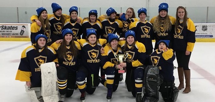 The Huntsville Hoyas girls hockey team celebrates gold at a tournament at York University (photo: Pauline Webb)