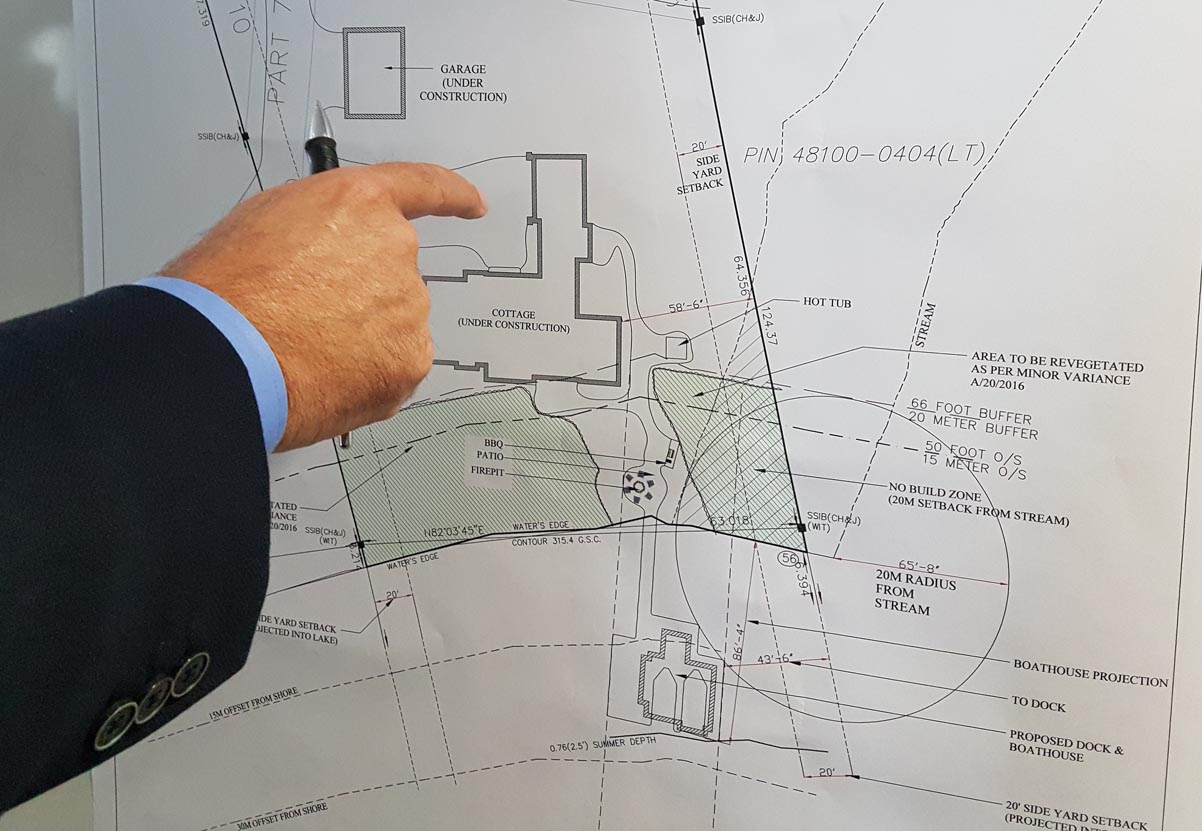 The new proposal for a dock and boathouse on a property at South Portage Road shows a circle on the bottom right. The proposed boathouse would be located outside of that circumference at a setback of at least 20m from the mouth of a stream, which feeds into Lake of Bays.