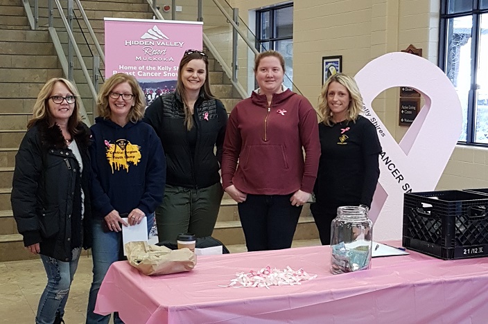 (From left) Wendy Strickler, Lynda Cranney from the Huntsville OPP, Hailey Bender from the Almaguin OPP, Sarah Van Norman from the Bracebridge OPP and Leslie Pratt from the OPP Auxiliary await hockey fans before game time