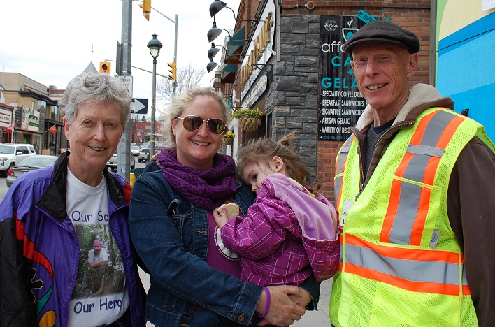 (From left) Jan MacDonald, Heather Smith, and Stella Matthews (with hike marshall John Paterson) hiked in memory of Dave MacDonald