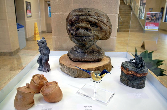 (Clockwise from front left) Shoulder Riding by Elise Muller, Ancient Man by Marina Marwitz, Frog on Box by Suzann Partridge, Roman Bird by Jamie Sherman, and Three Little Salt Pigs by Mary-Ruth Newell