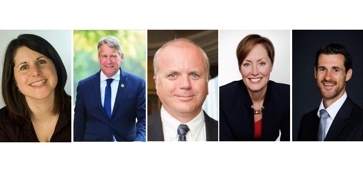 Parry Sound-Muskoka provincial candidates (from left) Erin Horvath (NDP), Norm Miller (Conservative), Jeff Mole (Independent), Brenda Rhodes (Liberal), Matt Richter (Green Party)