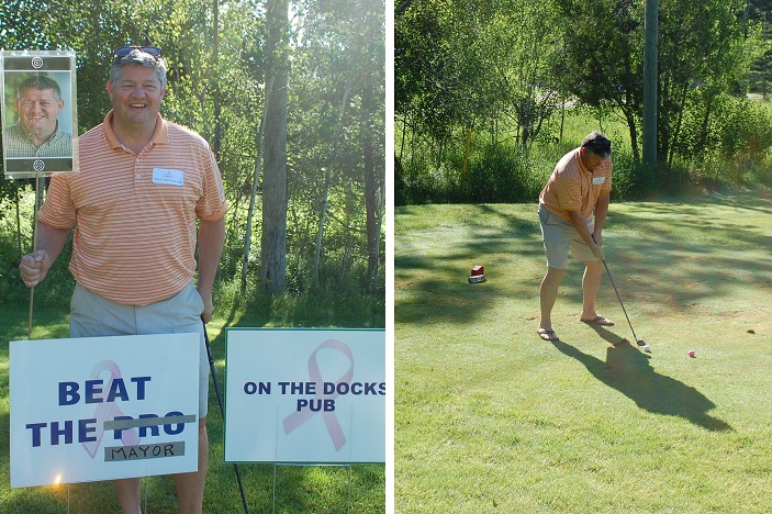 Will the ladies Beat the Mayor? Mayor Scott Aitchison makes his best drive from the 11th tee on Lakeside