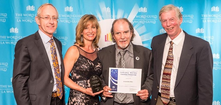 Kevin John White (second from right) accepts the award for The Word Guild’s Best New Canadian Manuscript Contest with (from left) Steve and Julie Hill and his friend Bill Paterson (Supplied photo)