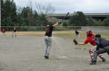 Zack Patterson jumps back to avoid a pitch
