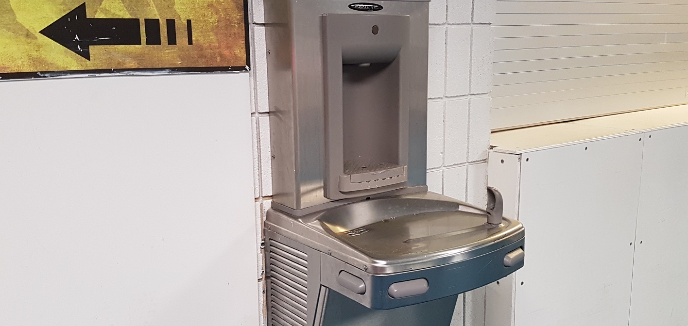 There are three water bottle refilling stations in the Canada Summit Centre. This one is in the Jack Bionda Arena lobby