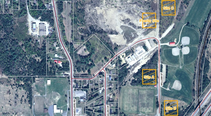 This aerial map shows potential sites for a multi-use facility at McCulley Robertson Recreation Park (Image: Town of Huntsville)