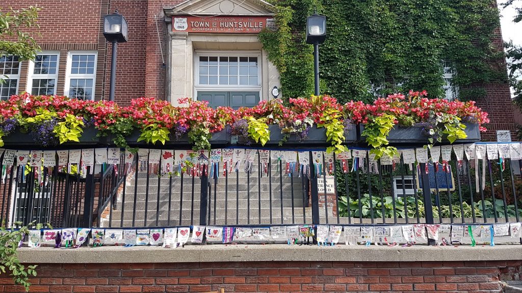 The peace flag now hangs in front of Huntsville's Town Hall