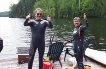 Glenn gets ready for a new leg of his swim on June 3 with Jane Wolfe, right (Photo via @glenn.vickery/Instagram)