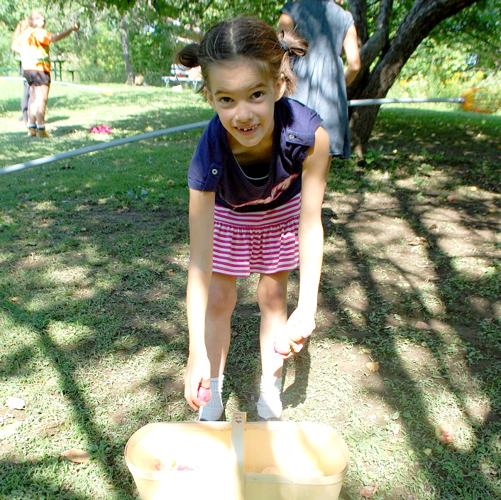 Phoebe adds to a growing basketful of apples