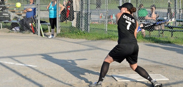Erin Leslie at bat for the Kelsey’s Ladies Slo Pitch Team
