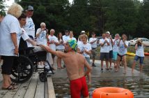 Glenn thanks his supporters following the final stage of his swim