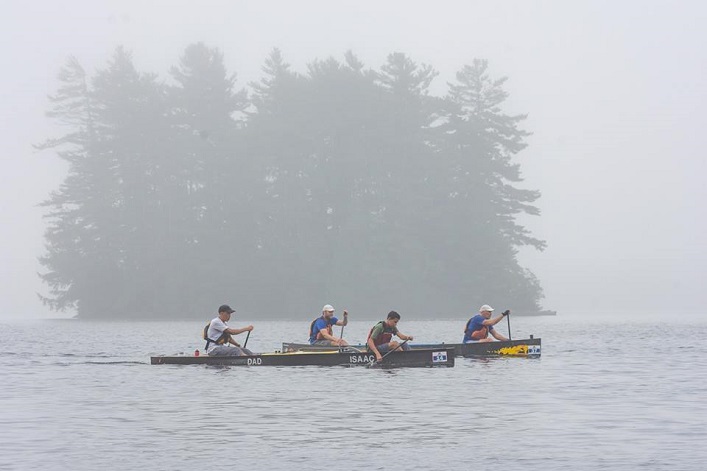 Dad Paul and Isaac Adams from Whitby ON (foreground) paddle hard next to team Cache Flash, Tim Turner and Wilson Prewitt, in the 130km Classic (Photo: Randy Mitson)
