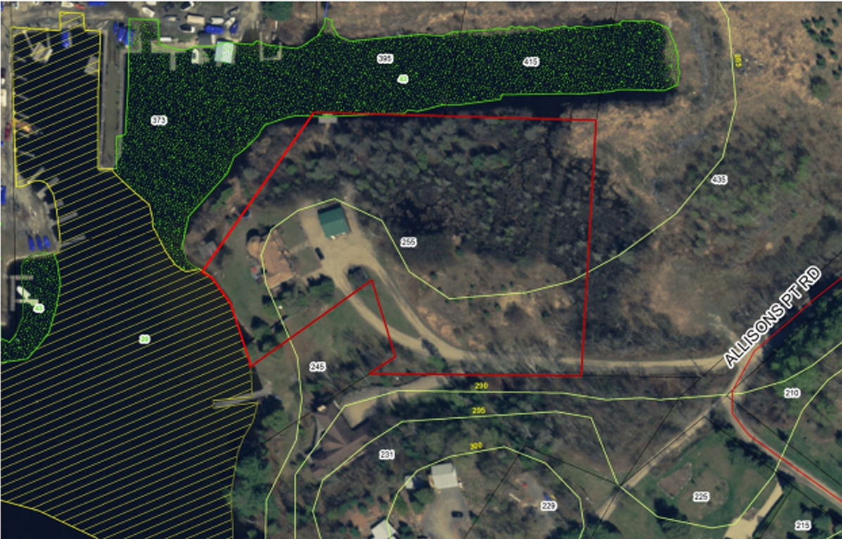Allison’s Point Road property delineated in red.
