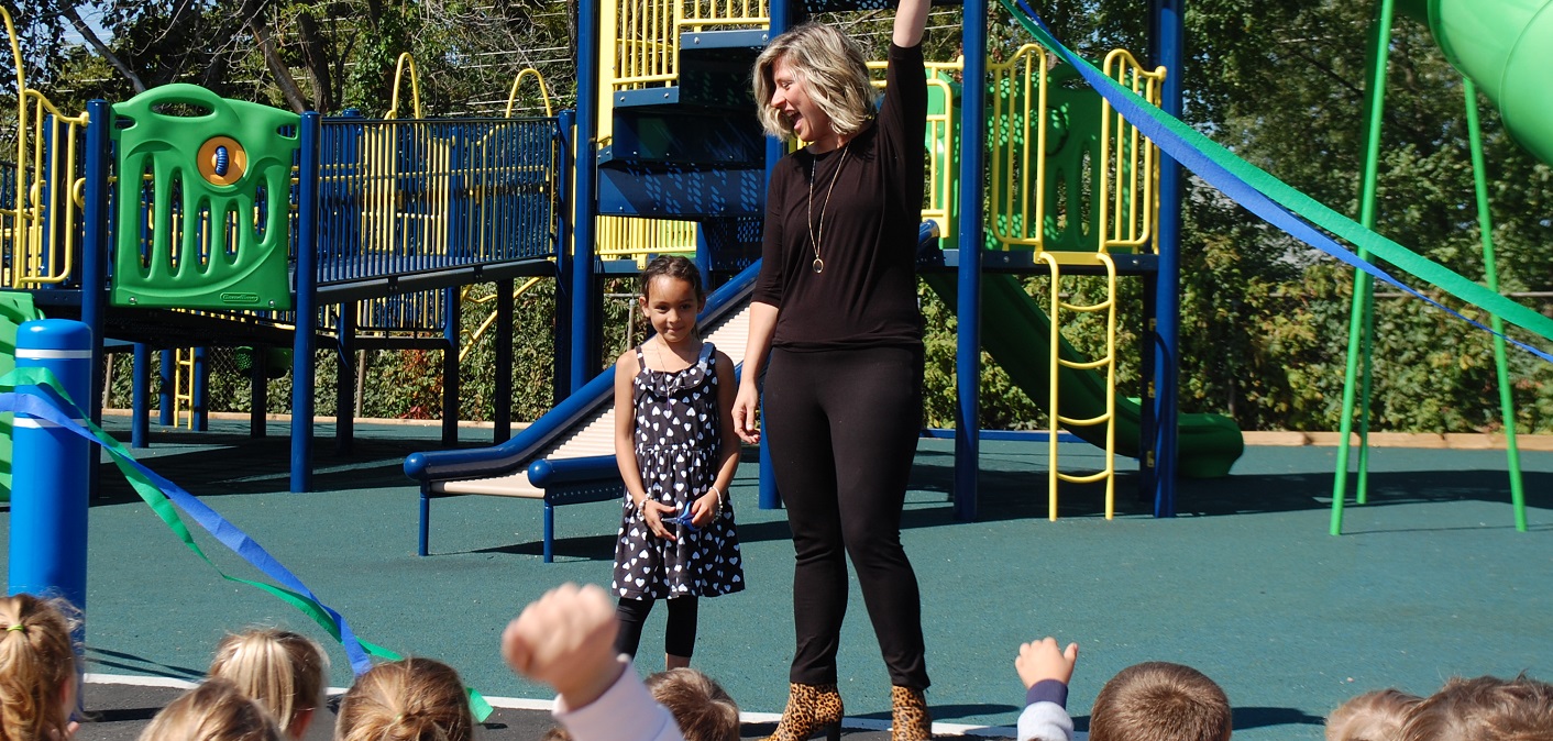 HPS student Nandani Sieunarine, who made the very first donation to the playground, and teacher Kerri-Lynne Knappett cut the ribbon to celebrate the school’s new accessible playground