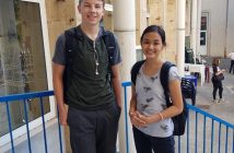 Ian Markham with Philippine exchange student Natalie on the first day of school in Aubenas in southern France