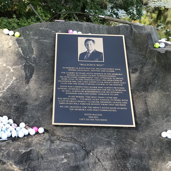 A plaque in memory of Keith Walton sits near the first hole at the Mark O'Meara course at Grandview.