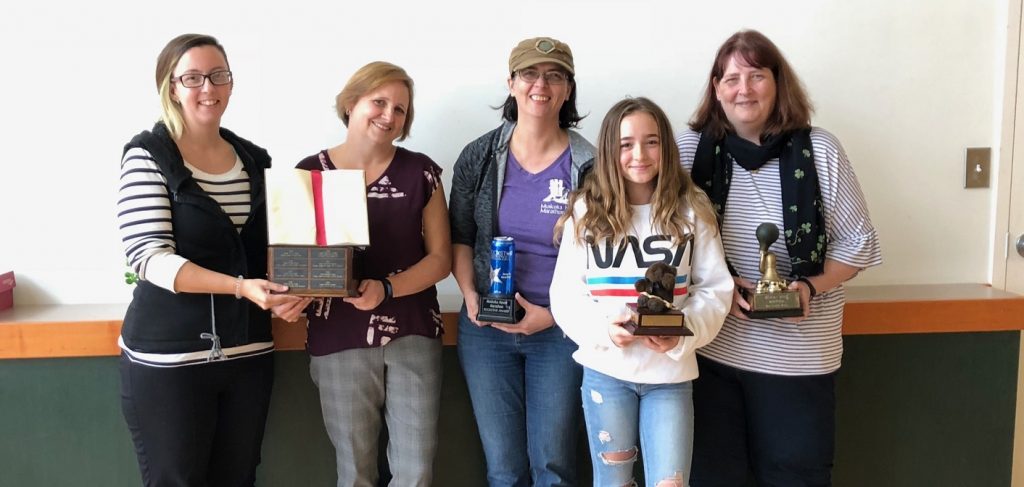 Some of the Muskoka Novel Marathon 2018 award winners (from left) Kathleen May (best adult novel), Jennifer Turney (best YA novel), Pat Flewwelling (Rockstar award), Keaira Yaworski (rookie of the year) and Lenore Butcher (most prolific writer).