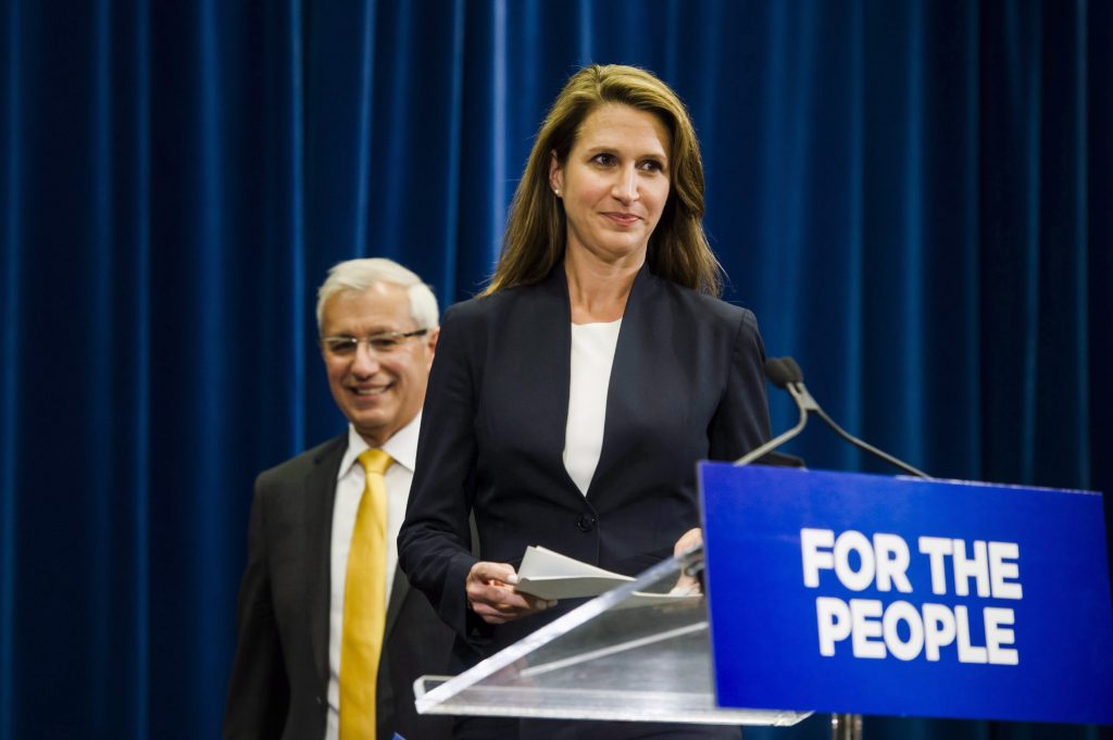 Ontario's Minister of Finance Vic Fideli and Attorney General Caroline Mulroney deliver remarks following an announcement on Ontario's cannabis retail model, in Toronto on Monday, August 13, 2018. THE CANADIAN PRESS/Christopher Katsarov