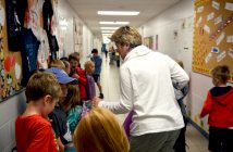 Madame McIlmoyle has a calmness about her, even as she organizes 19 students for some outdoor fun.