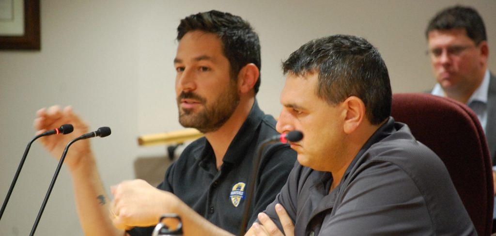 Dave Caplan (left) and Chris Occhiuzzi from the Huntsville Soccer Club spoke to Huntsville's General Committee on September 26, 2018
