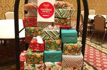 Brandy Strelec with the shoeboxes donated at the Rotary District 7010 Conference at Deerhurst Resort (supplied photo)