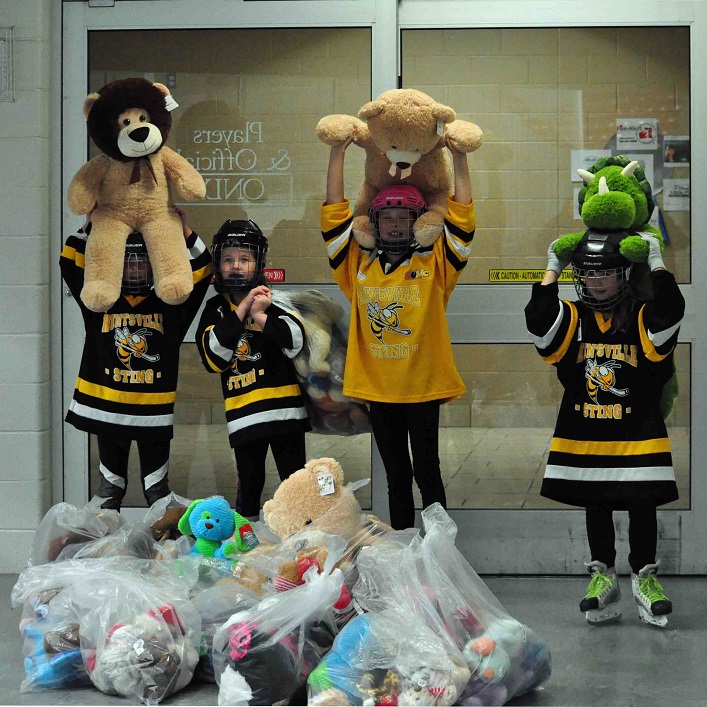 Huntsville Sting players (from left) Miah Tilstra, Tessa Easy, Alexis Waters, and Waverly Earl collected the bears from the ice