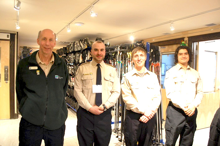 (From left) Arrowhead staff Kevin Farthing, Braden Bradford, Colin Sober-Williams, and Orion Austrup in the winter rental shop. In the summer, rentals move to the lower level and this space becomes a park store.