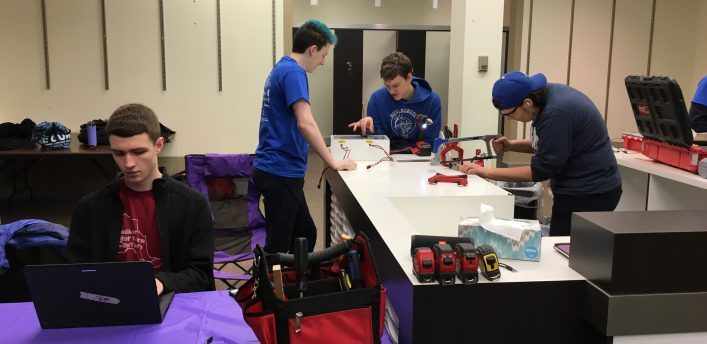 There’s a lot more to robotics than driving the completed robot! Hard at work are Hoya Robotics team members (from left) Oliver Byl, Morghan Kiverago, Sam Topps, and Andrea Bonafini.